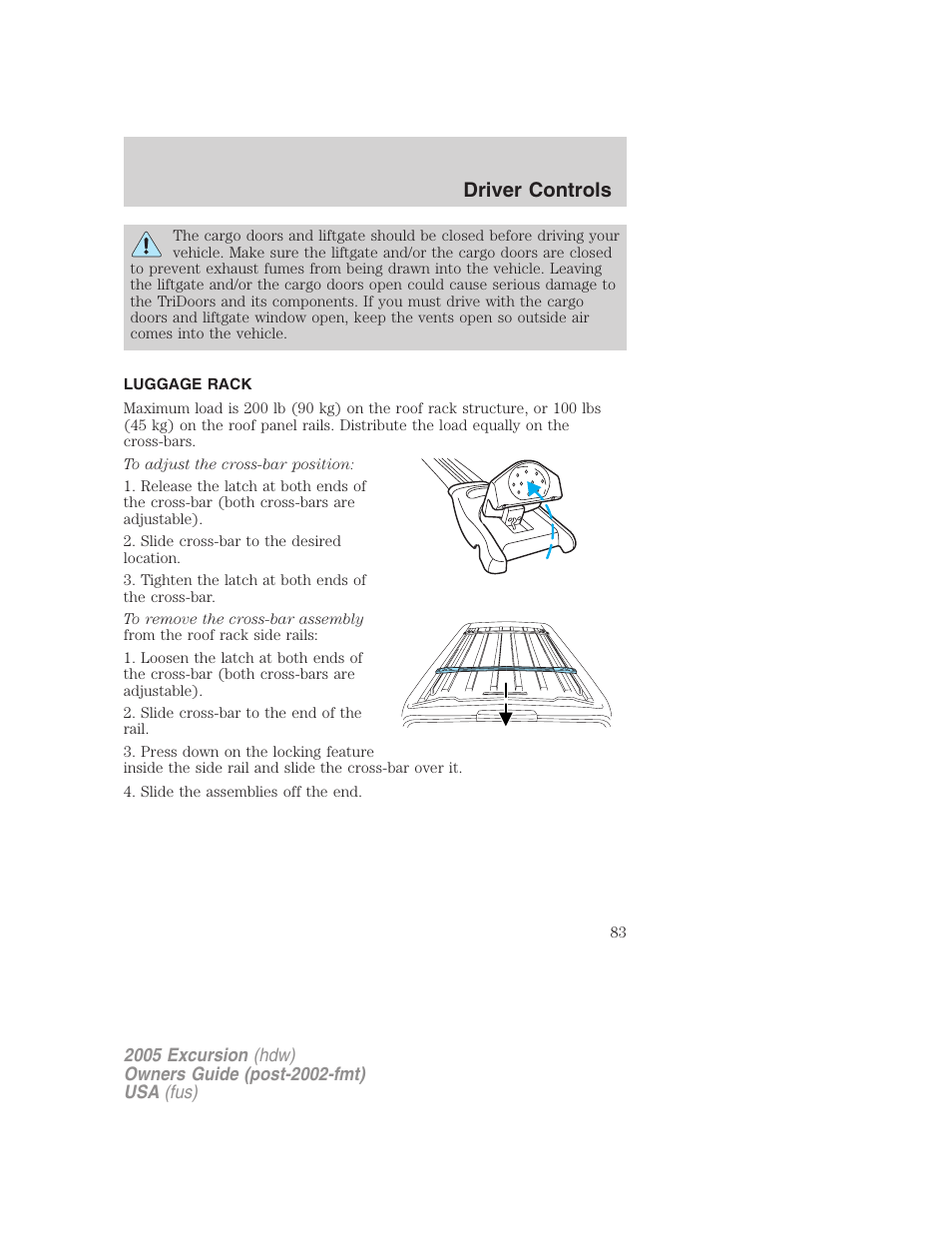 Luggage rack, Driver controls | FORD 2005 Excursion v.3 User Manual | Page 83 / 280