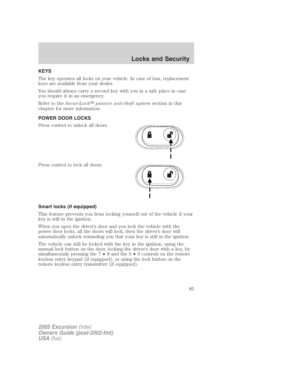 Locks and security, Keys, Power door locks | Smart locks (if equipped), Locks | FORD 2005 Excursion v.3 User Manual | Page 85 / 280