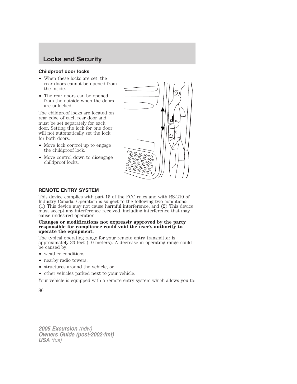 Childproof door locks, Remote entry system, Locks and security | FORD 2005 Excursion v.3 User Manual | Page 86 / 280