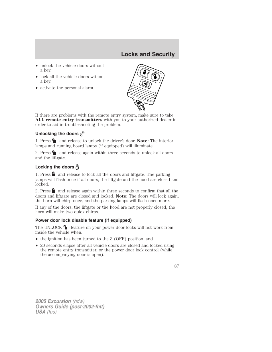 Unlocking the doors, Locking the doors, Power door lock disable feature (if equipped) | Locks and security | FORD 2005 Excursion v.3 User Manual | Page 87 / 280