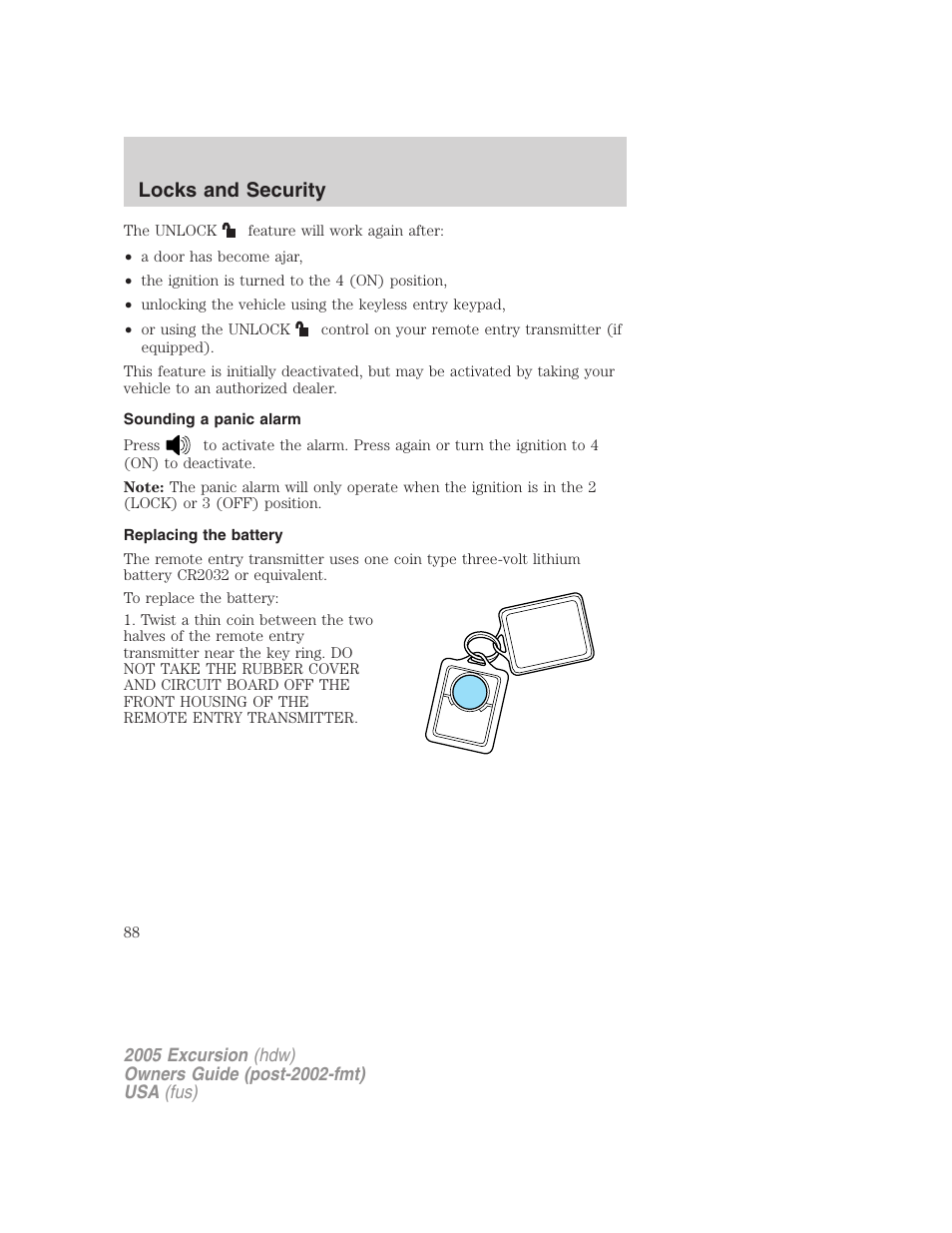 Sounding a panic alarm, Replacing the battery, Locks and security | FORD 2005 Excursion v.3 User Manual | Page 88 / 280