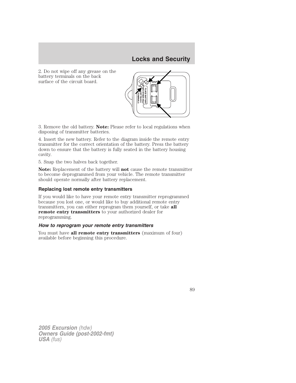 Replacing lost remote entry transmitters, How to reprogram your remote entry transmitters, Locks and security | FORD 2005 Excursion v.3 User Manual | Page 89 / 280