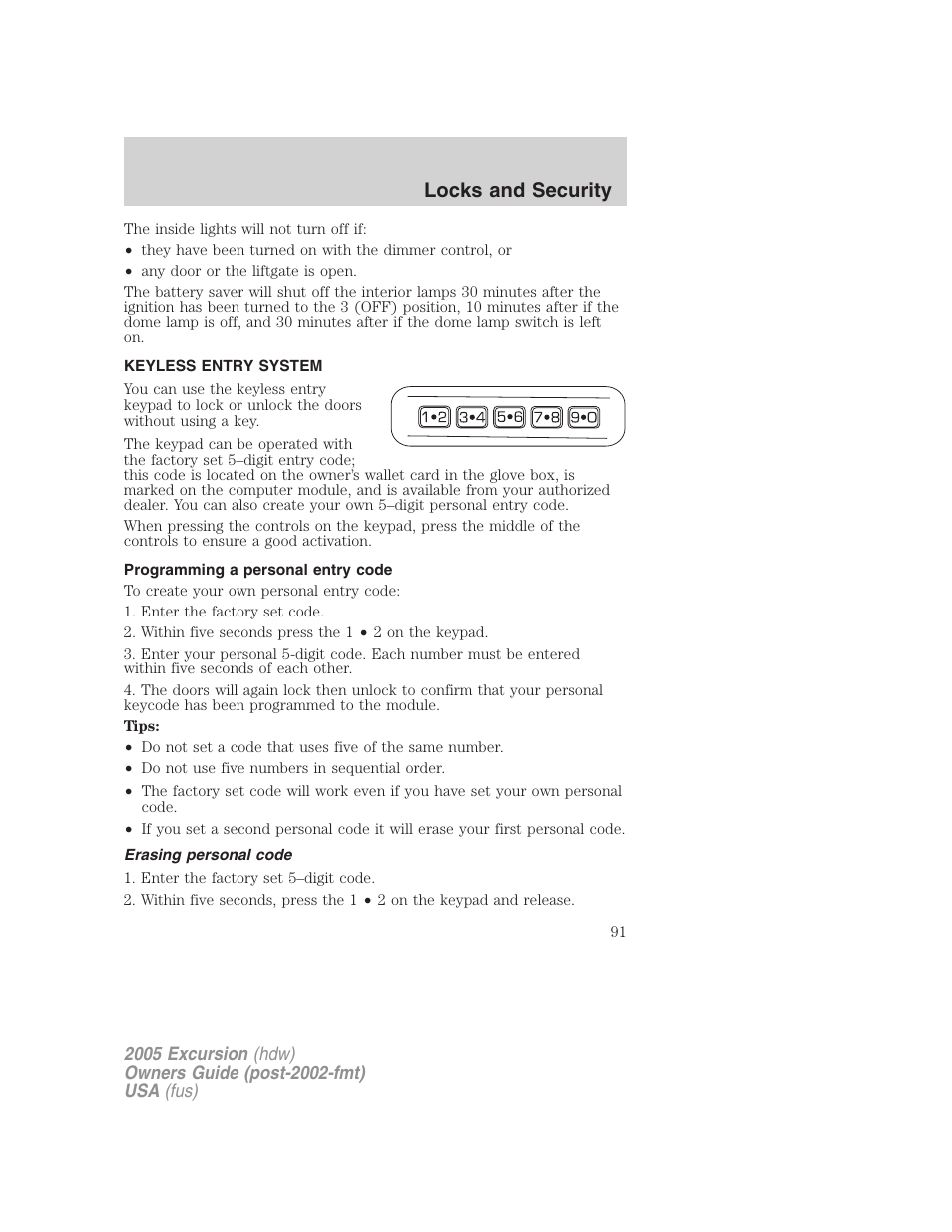 Keyless entry system, Programming a personal entry code, Erasing personal code | Locks and security | FORD 2005 Excursion v.3 User Manual | Page 91 / 280