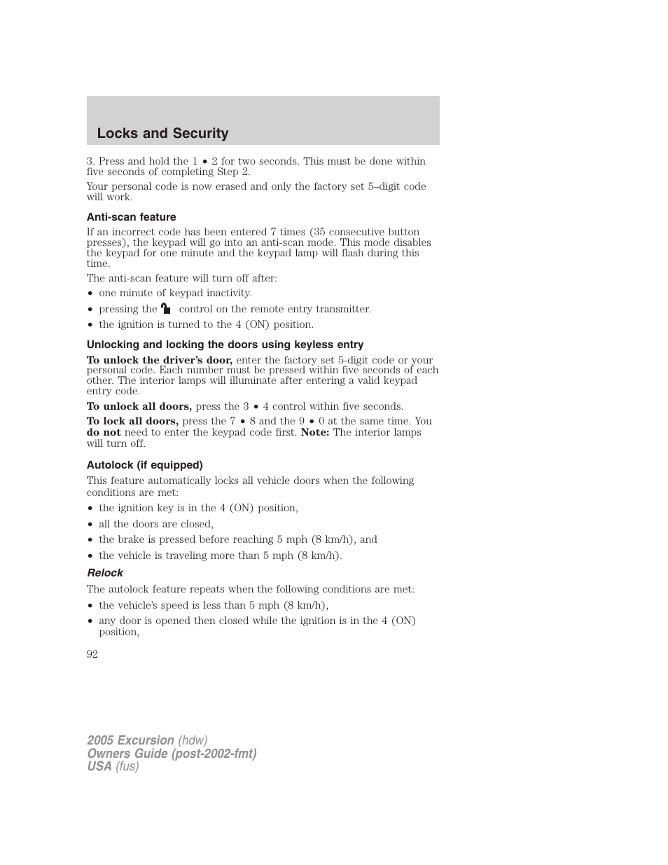 Anti-scan feature, Autolock (if equipped), Relock | Locks and security | FORD 2005 Excursion v.3 User Manual | Page 92 / 280