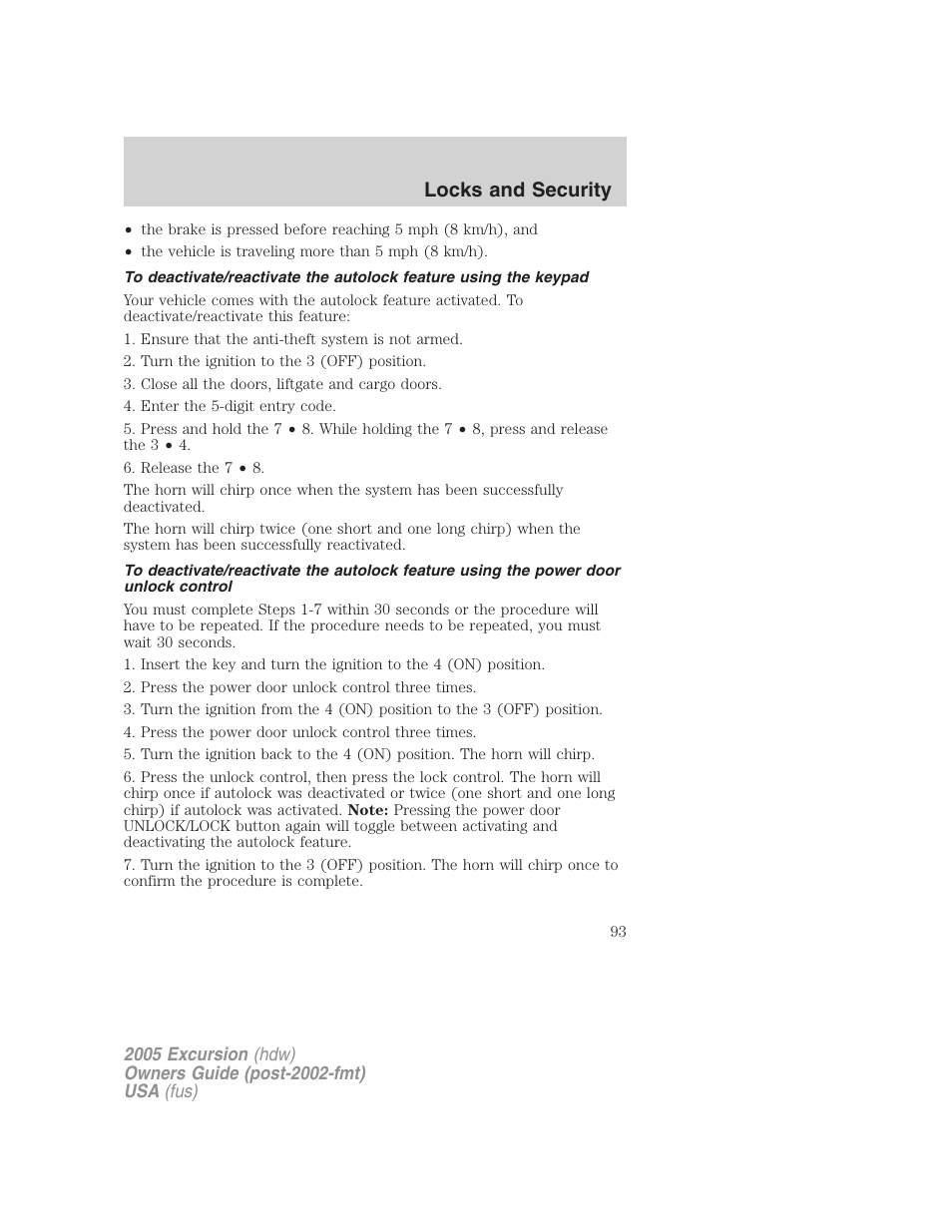 Locks and security | FORD 2005 Excursion v.3 User Manual | Page 93 / 280