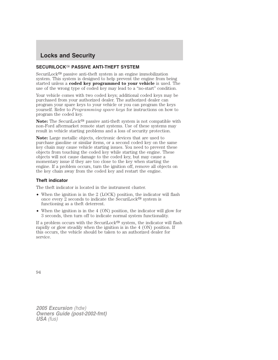 Securilock passive anti-theft system, Theft indicator, Anti-theft system | Locks and security | FORD 2005 Excursion v.3 User Manual | Page 94 / 280