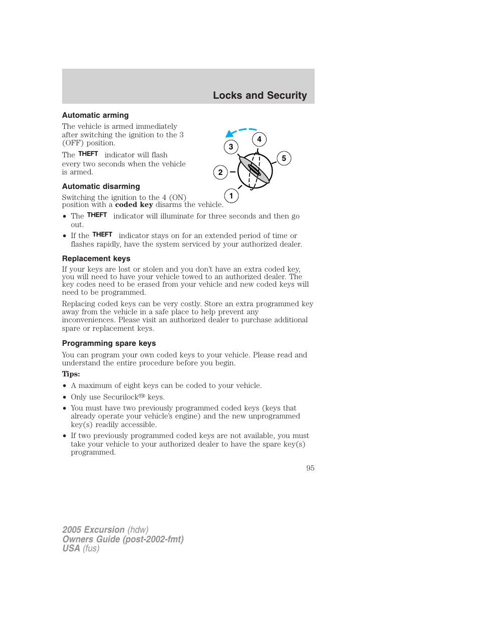 Automatic arming, Automatic disarming, Replacement keys | Programming spare keys, Locks and security | FORD 2005 Excursion v.3 User Manual | Page 95 / 280