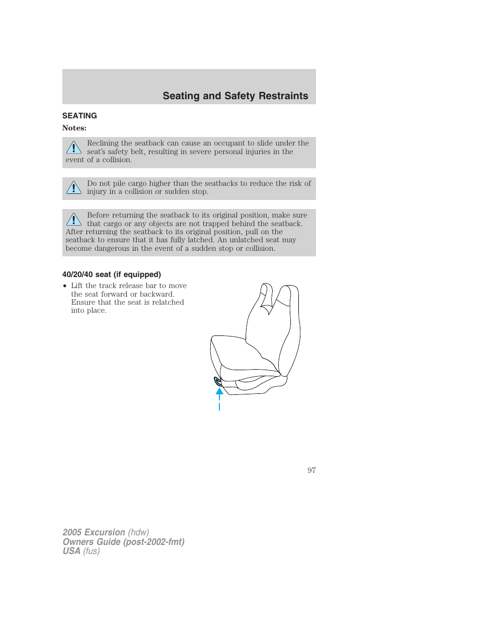 Seating and safety restraints, Seating, 40/20/40 seat (if equipped) | FORD 2005 Excursion v.3 User Manual | Page 97 / 280