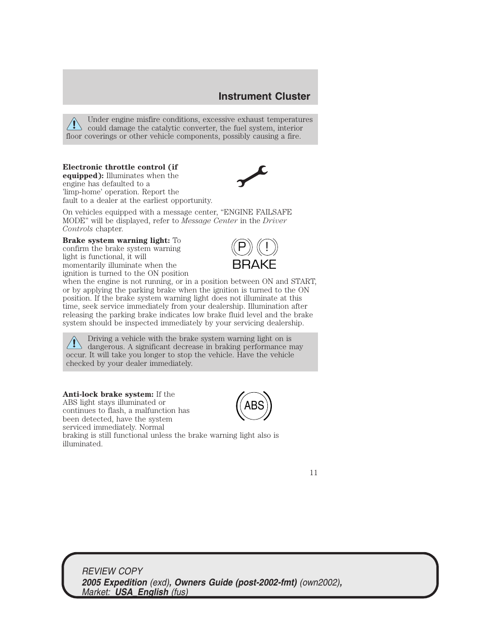 P! brake abs | FORD 2005 Expedition v.1 User Manual | Page 11 / 368