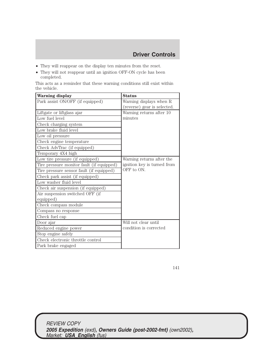 Driver controls | FORD 2005 Expedition v.1 User Manual | Page 141 / 368
