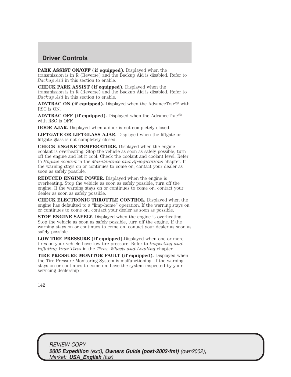 Driver controls | FORD 2005 Expedition v.1 User Manual | Page 142 / 368