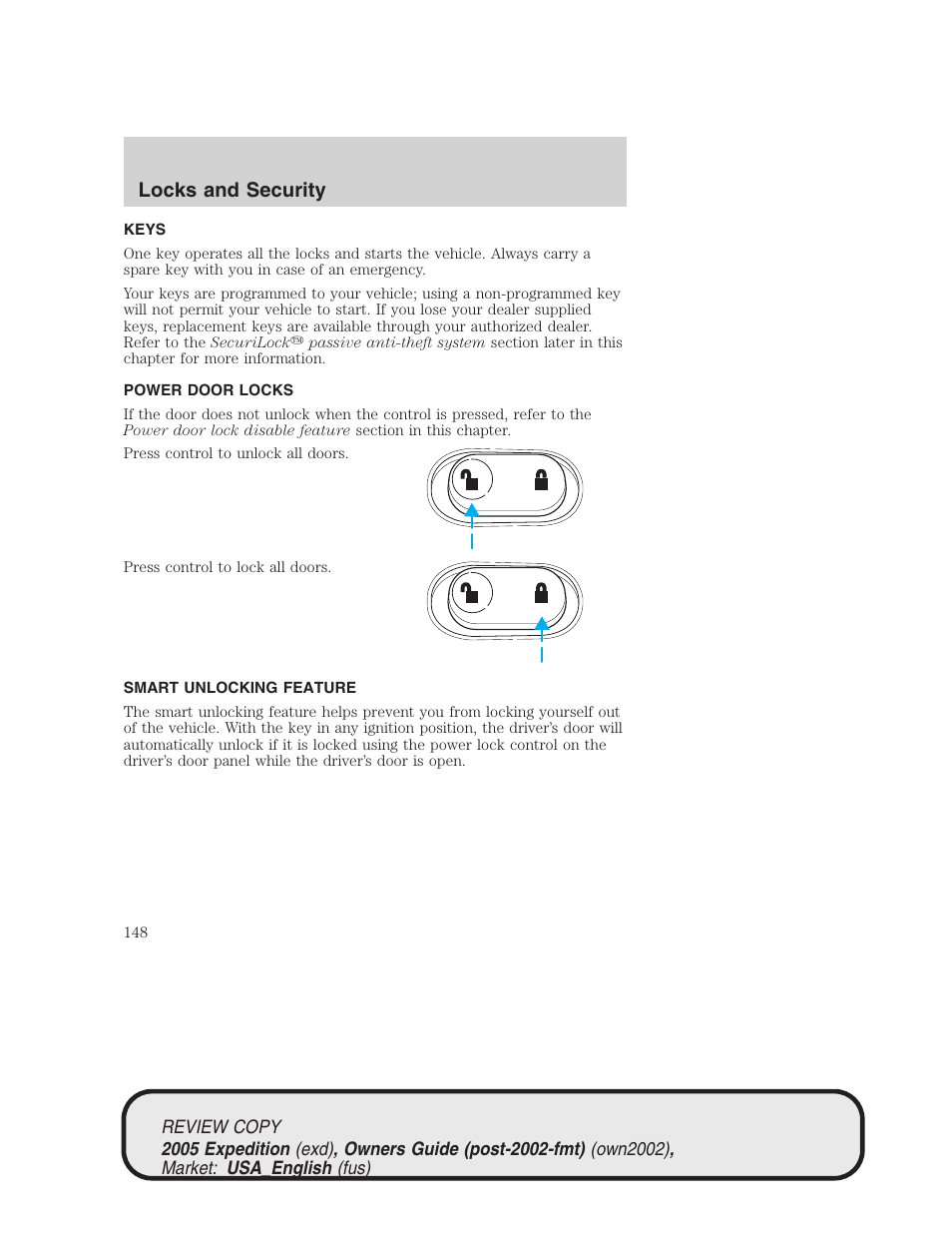 Locks and security | FORD 2005 Expedition v.1 User Manual | Page 148 / 368