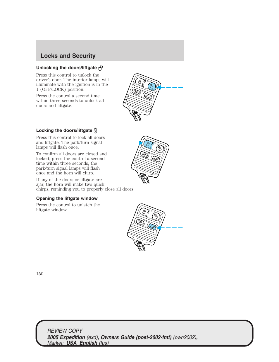 Locks and security | FORD 2005 Expedition v.1 User Manual | Page 150 / 368
