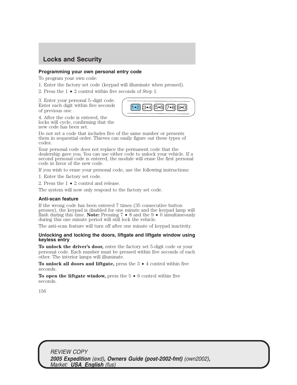 Locks and security | FORD 2005 Expedition v.1 User Manual | Page 156 / 368