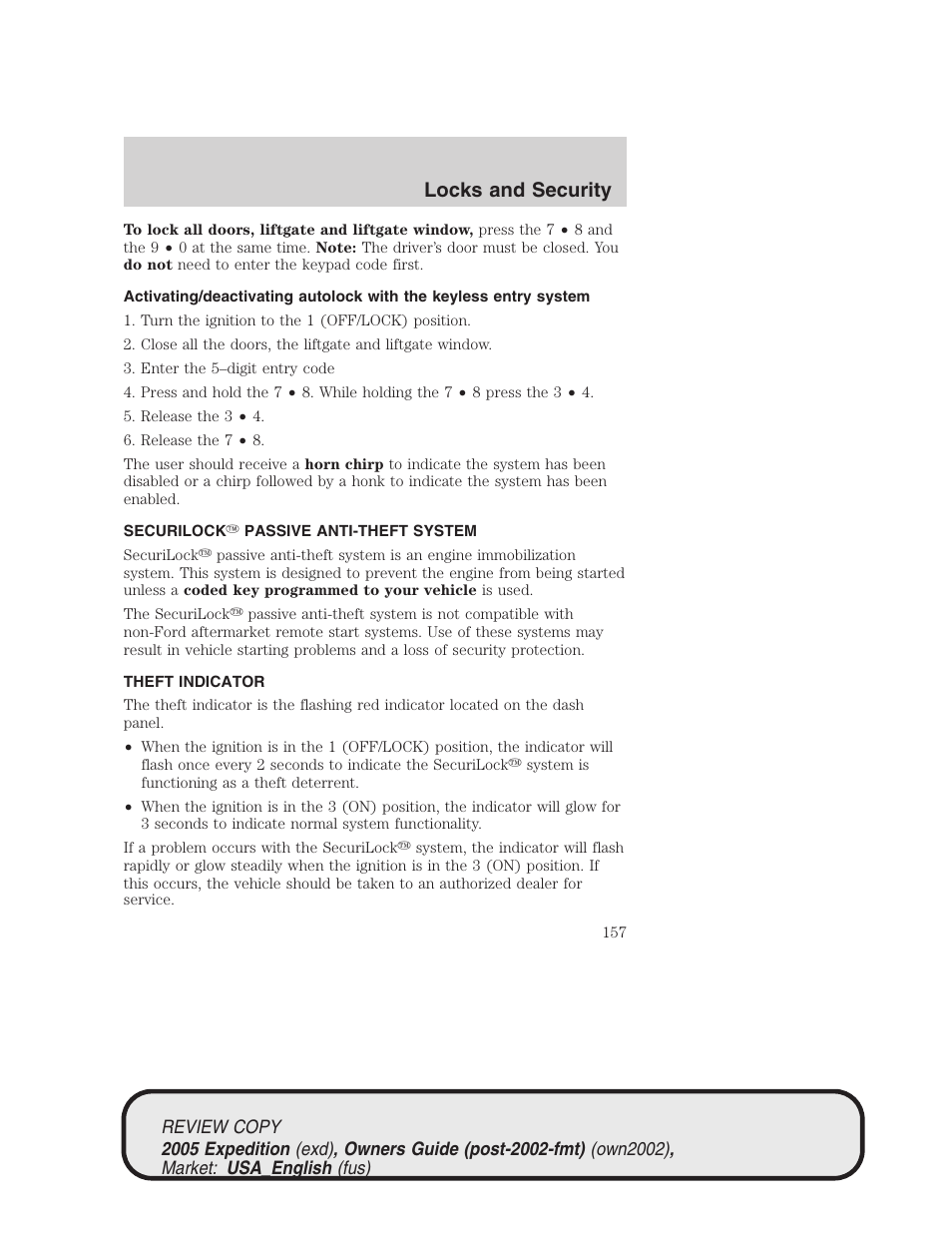 Locks and security | FORD 2005 Expedition v.1 User Manual | Page 157 / 368