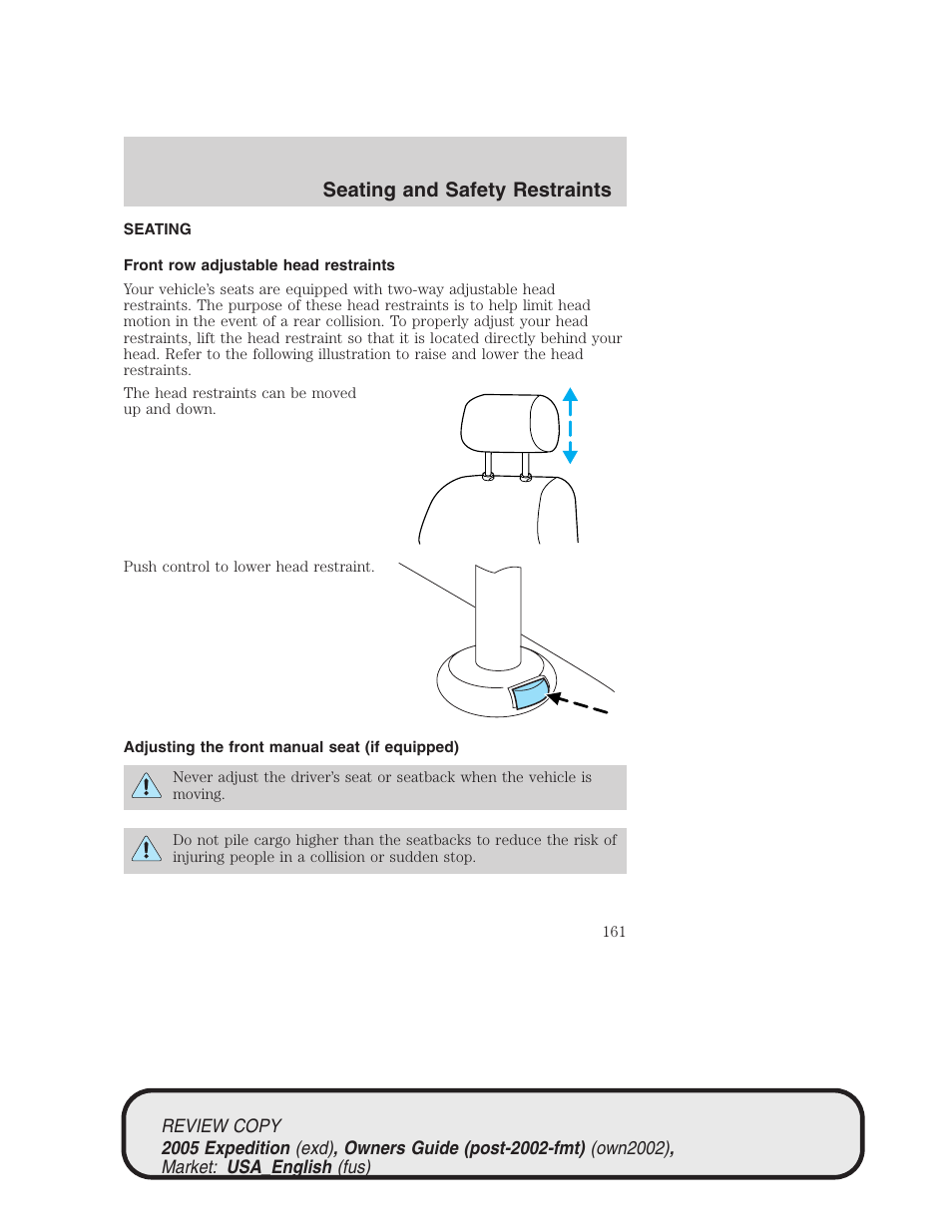 Seating and safety restraints | FORD 2005 Expedition v.1 User Manual | Page 161 / 368