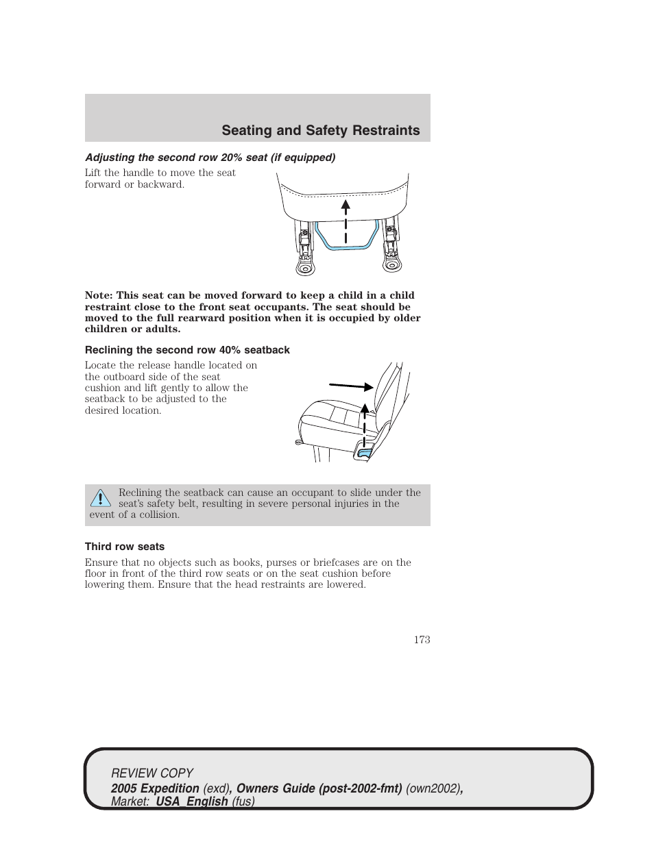 Seating and safety restraints | FORD 2005 Expedition v.1 User Manual | Page 173 / 368