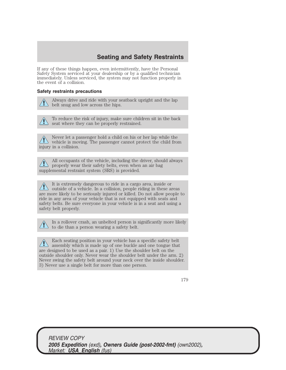 Seating and safety restraints | FORD 2005 Expedition v.1 User Manual | Page 179 / 368