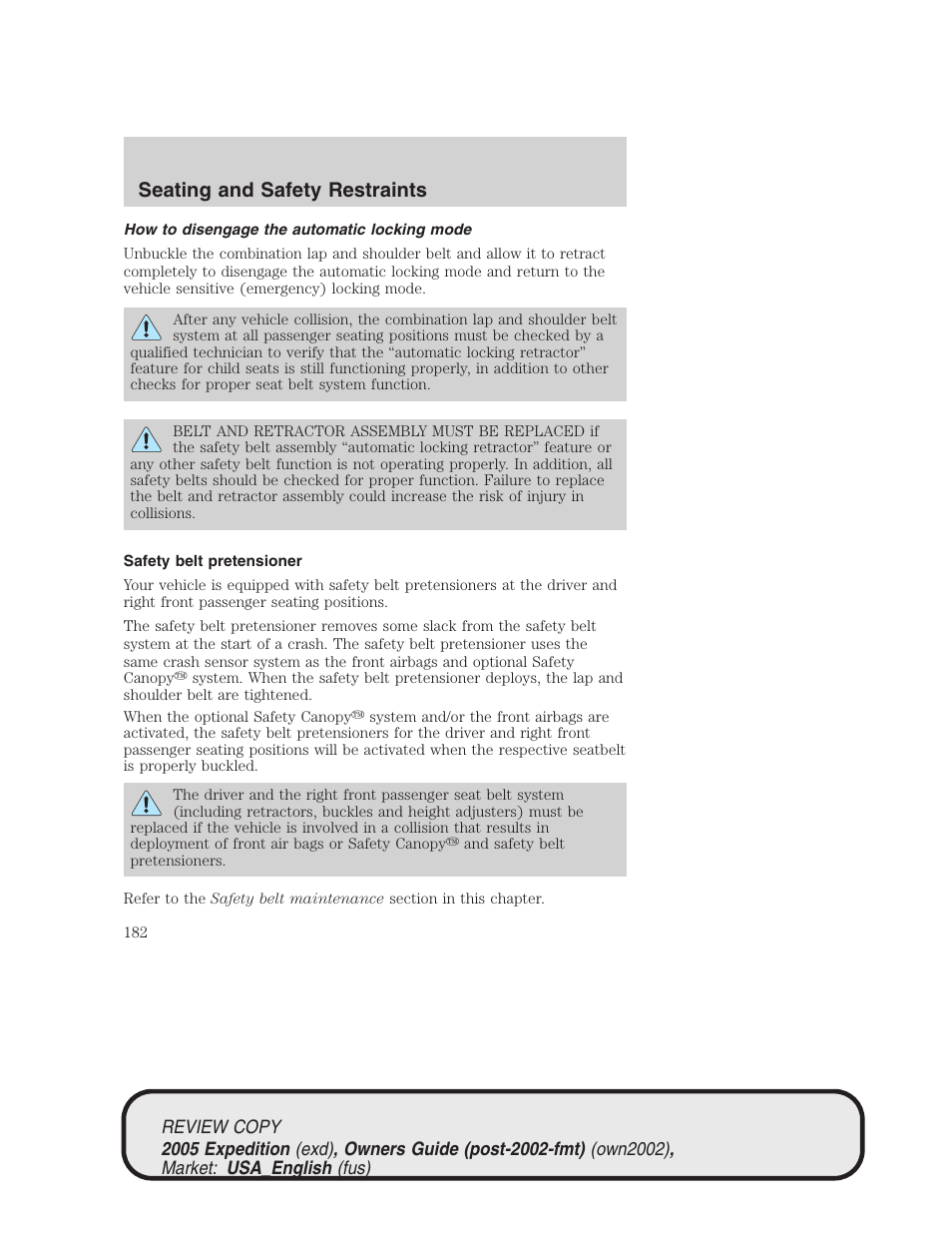 Seating and safety restraints | FORD 2005 Expedition v.1 User Manual | Page 182 / 368