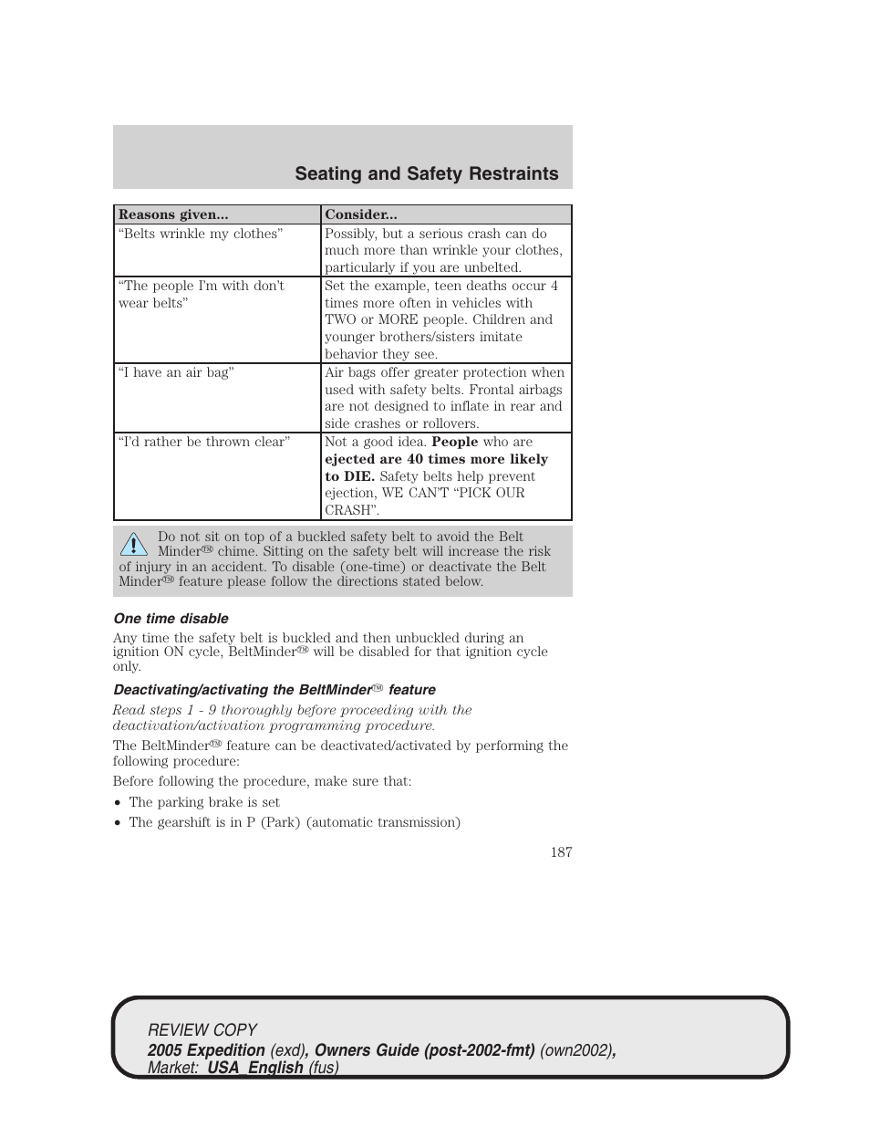 Seating and safety restraints | FORD 2005 Expedition v.1 User Manual | Page 187 / 368