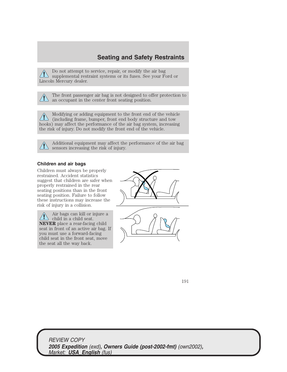 Seating and safety restraints | FORD 2005 Expedition v.1 User Manual | Page 191 / 368