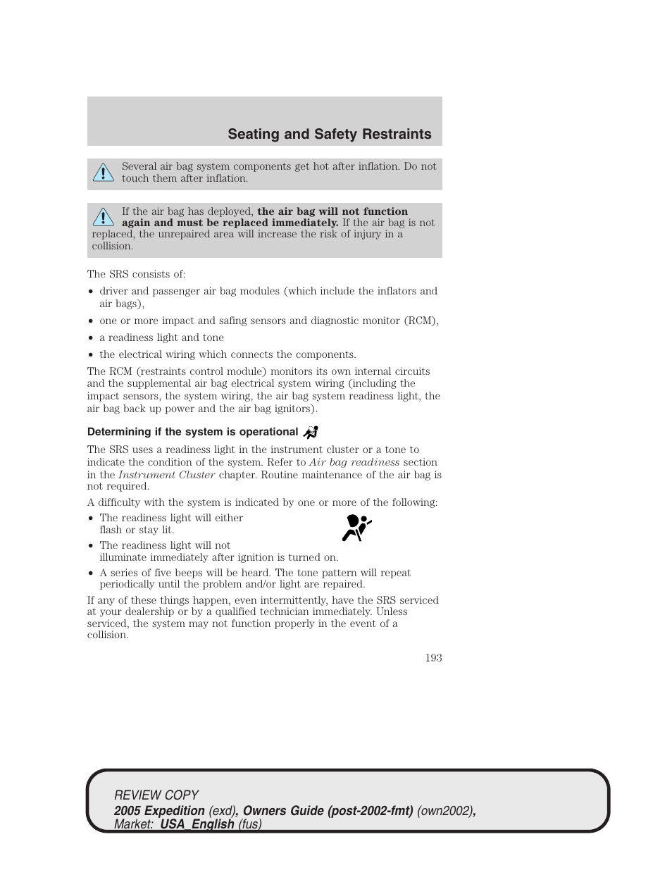 Seating and safety restraints | FORD 2005 Expedition v.1 User Manual | Page 193 / 368