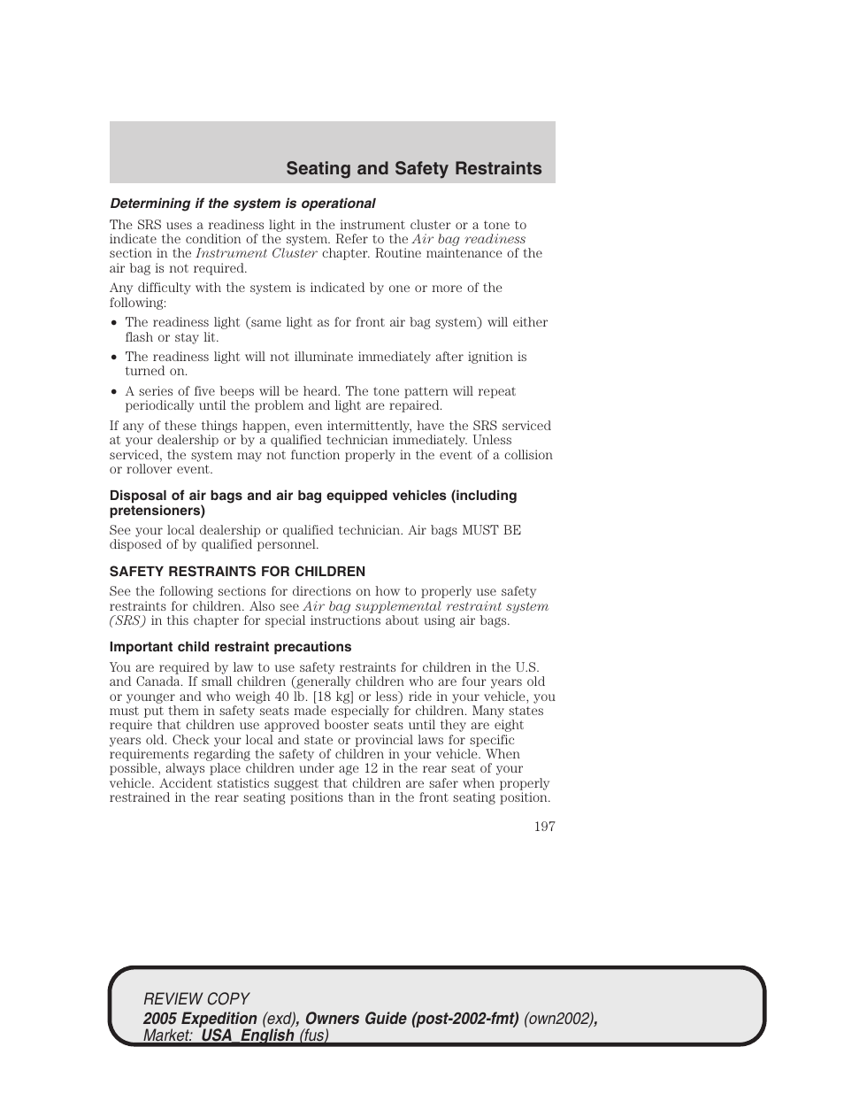 Seating and safety restraints | FORD 2005 Expedition v.1 User Manual | Page 197 / 368