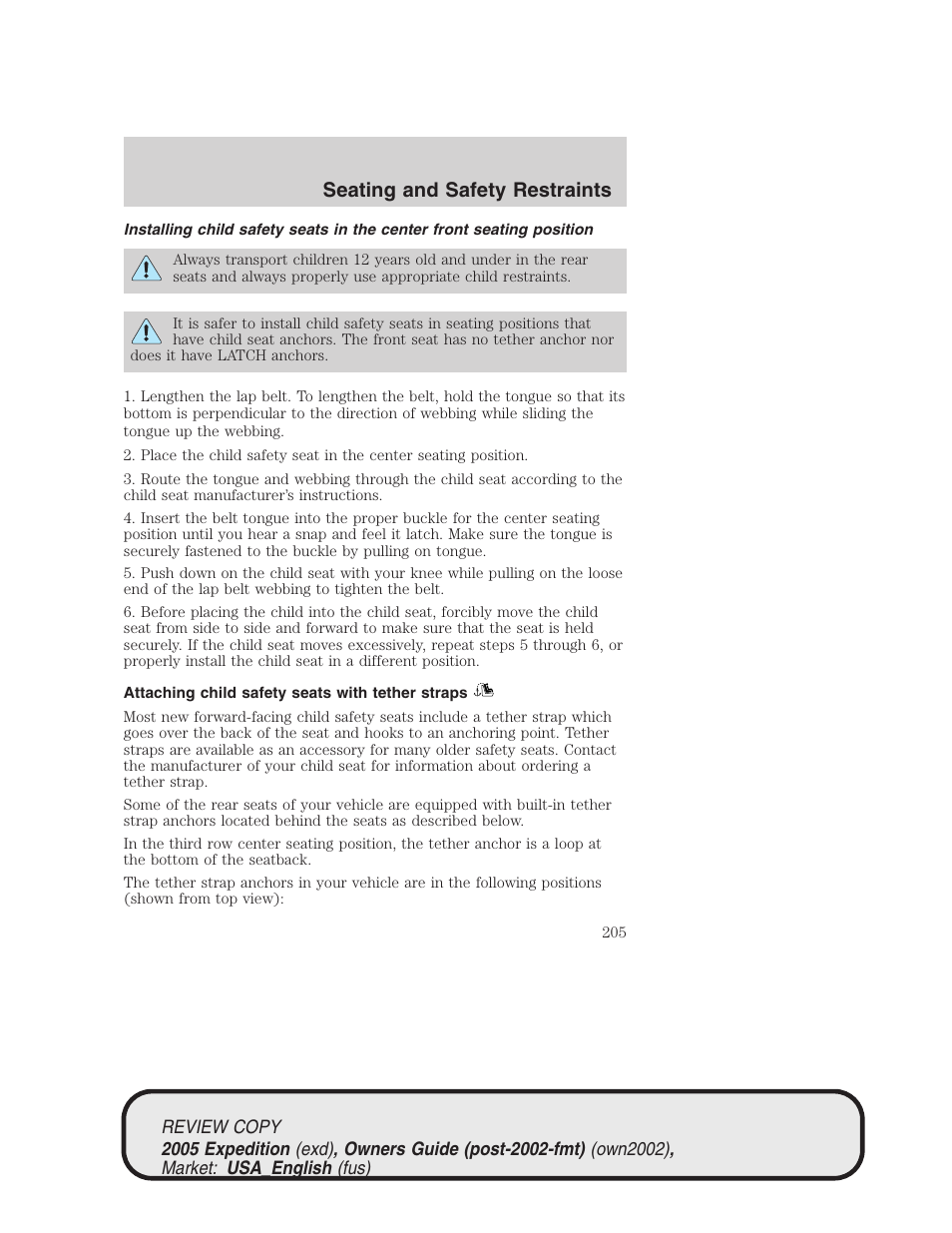 Seating and safety restraints | FORD 2005 Expedition v.1 User Manual | Page 205 / 368