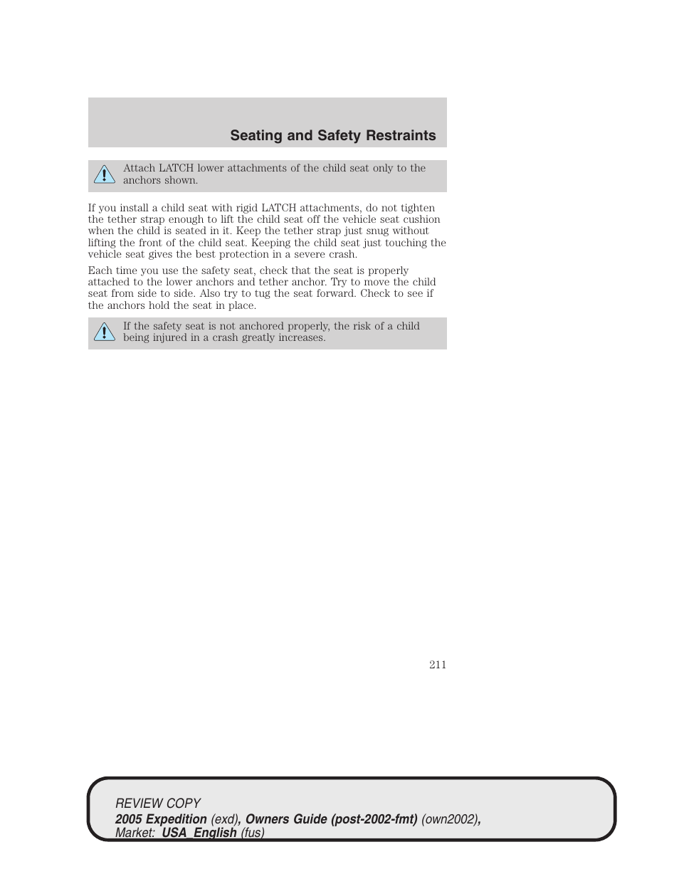 Seating and safety restraints | FORD 2005 Expedition v.1 User Manual | Page 211 / 368