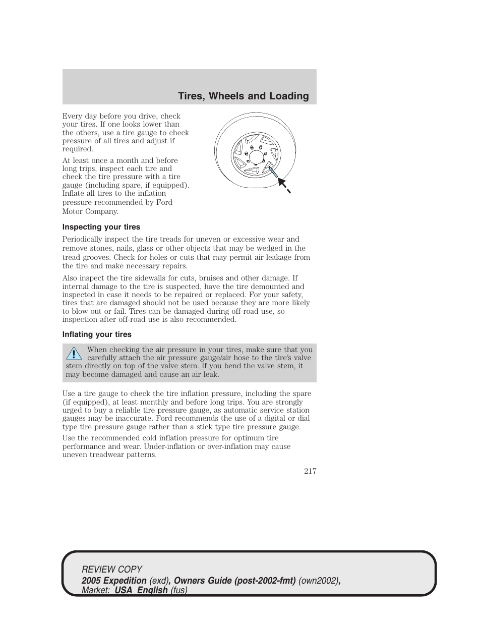 Tires, wheels and loading | FORD 2005 Expedition v.1 User Manual | Page 217 / 368