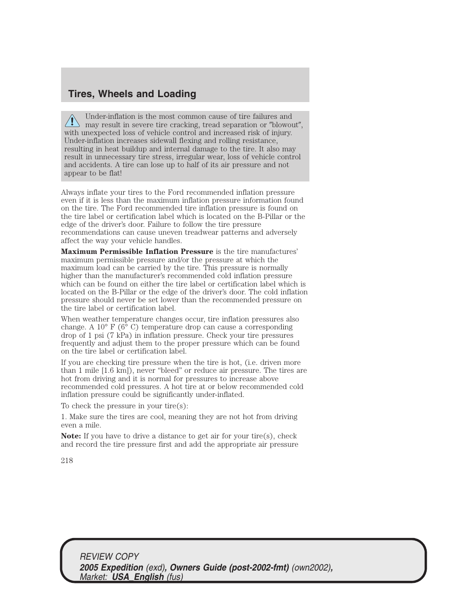 Tires, wheels and loading | FORD 2005 Expedition v.1 User Manual | Page 218 / 368