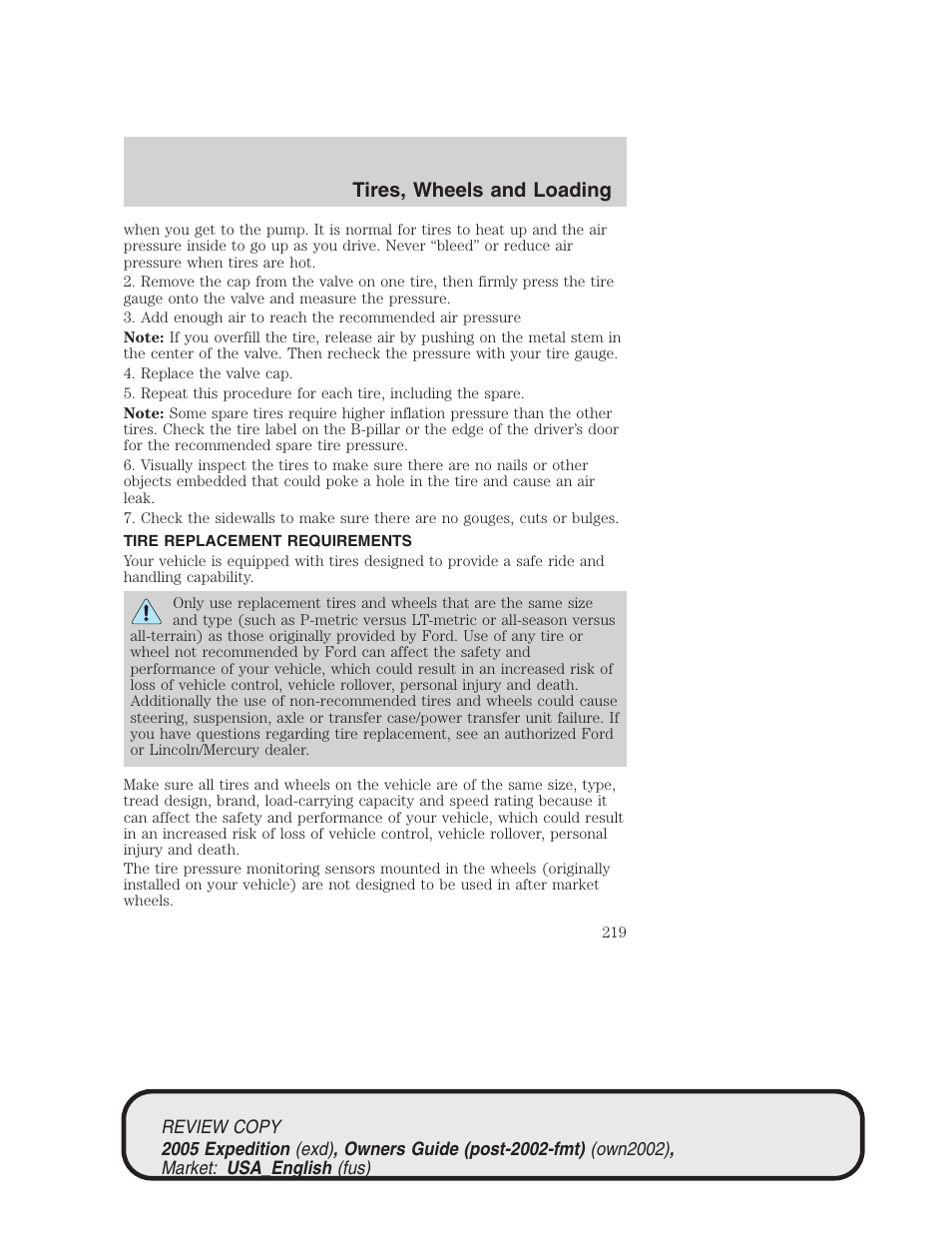 Tires, wheels and loading | FORD 2005 Expedition v.1 User Manual | Page 219 / 368