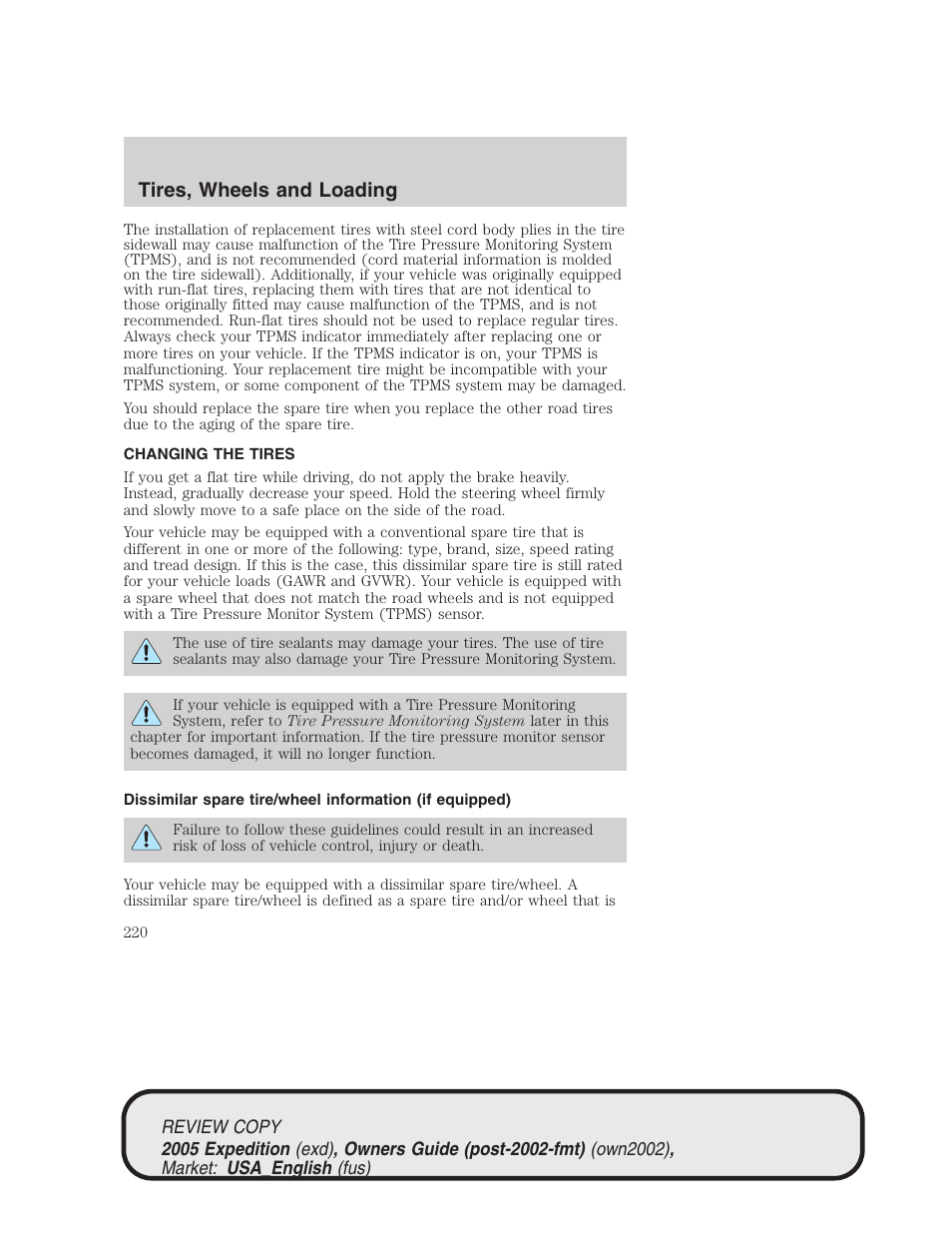 Tires, wheels and loading | FORD 2005 Expedition v.1 User Manual | Page 220 / 368