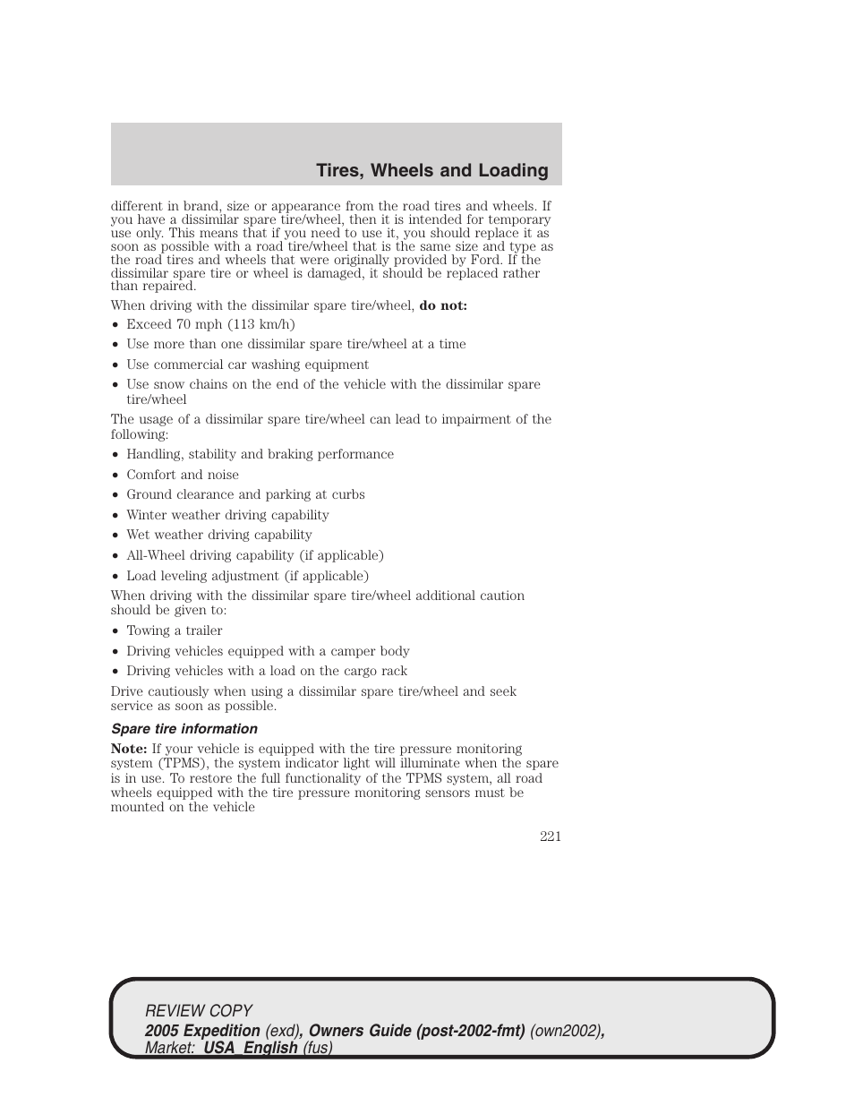 Tires, wheels and loading | FORD 2005 Expedition v.1 User Manual | Page 221 / 368