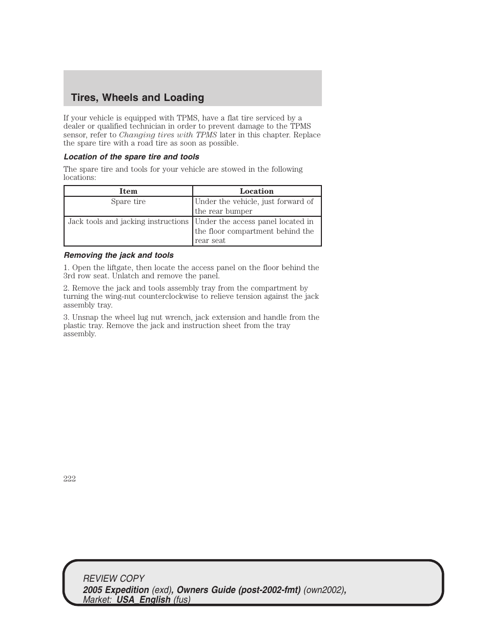 Tires, wheels and loading | FORD 2005 Expedition v.1 User Manual | Page 222 / 368