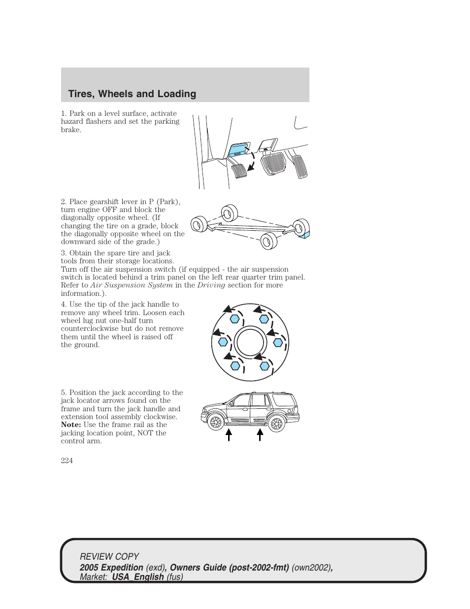 Tires, wheels and loading | FORD 2005 Expedition v.1 User Manual | Page 224 / 368