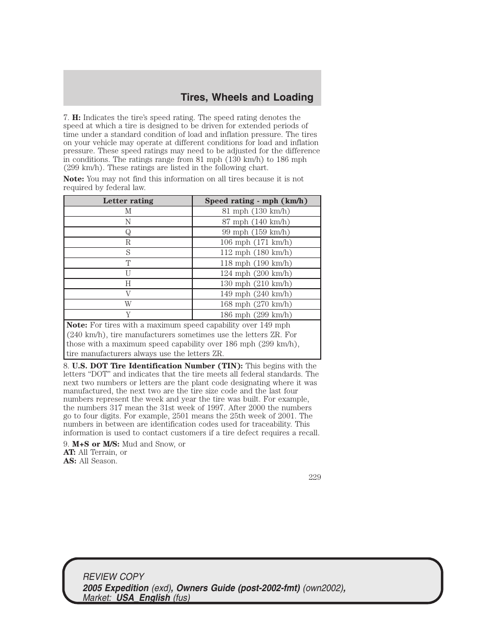 Tires, wheels and loading | FORD 2005 Expedition v.1 User Manual | Page 229 / 368