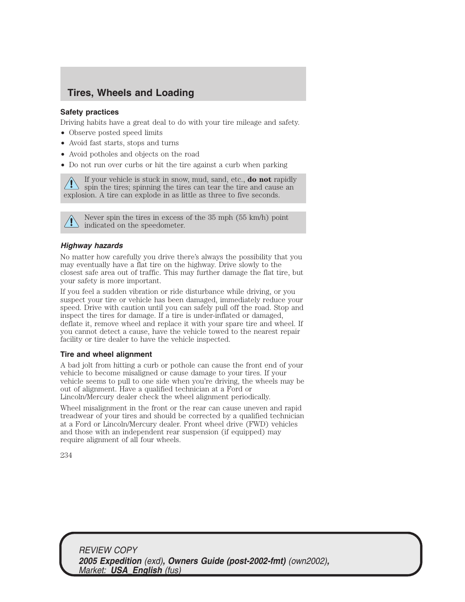 Tires, wheels and loading | FORD 2005 Expedition v.1 User Manual | Page 234 / 368
