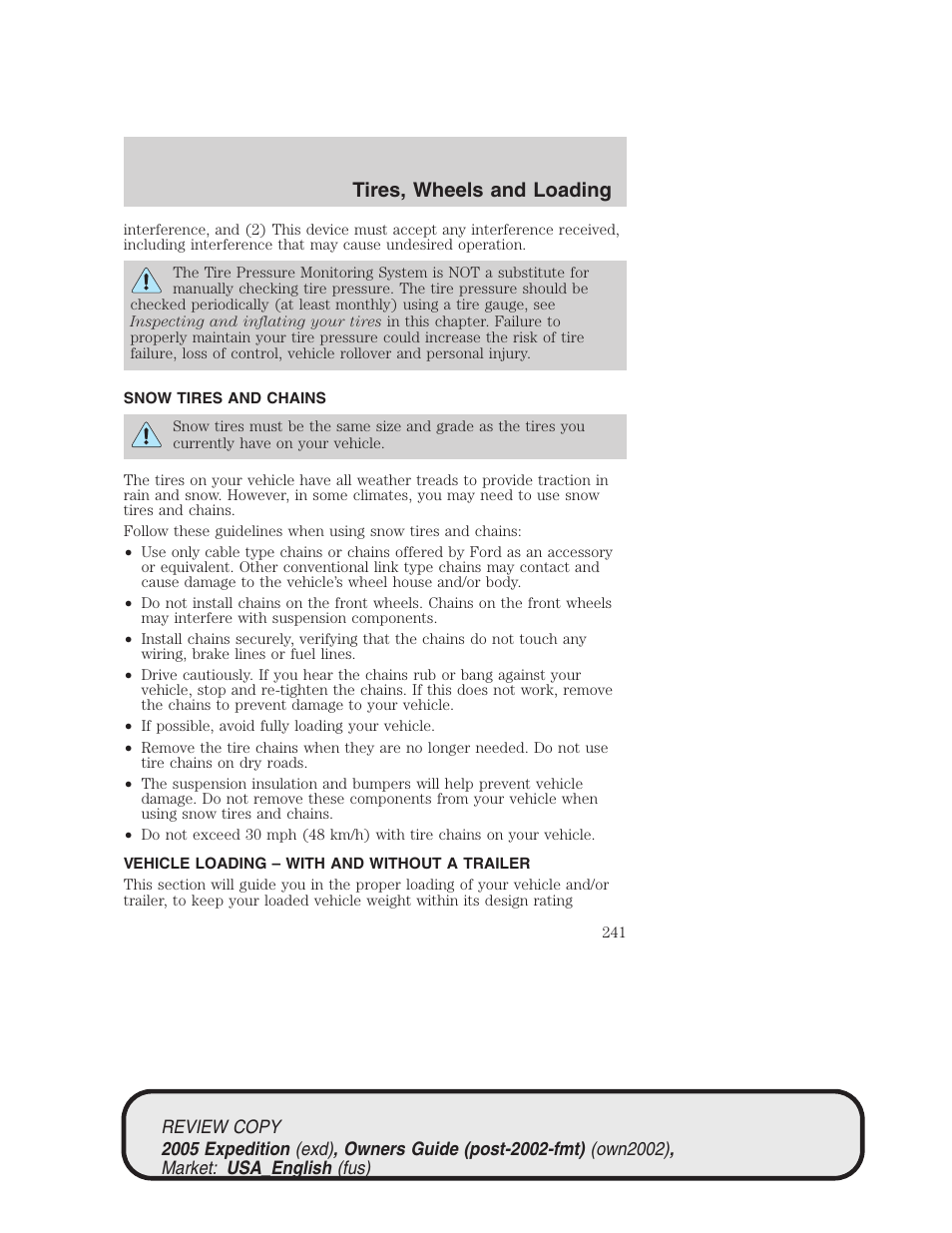 Tires, wheels and loading | FORD 2005 Expedition v.1 User Manual | Page 241 / 368