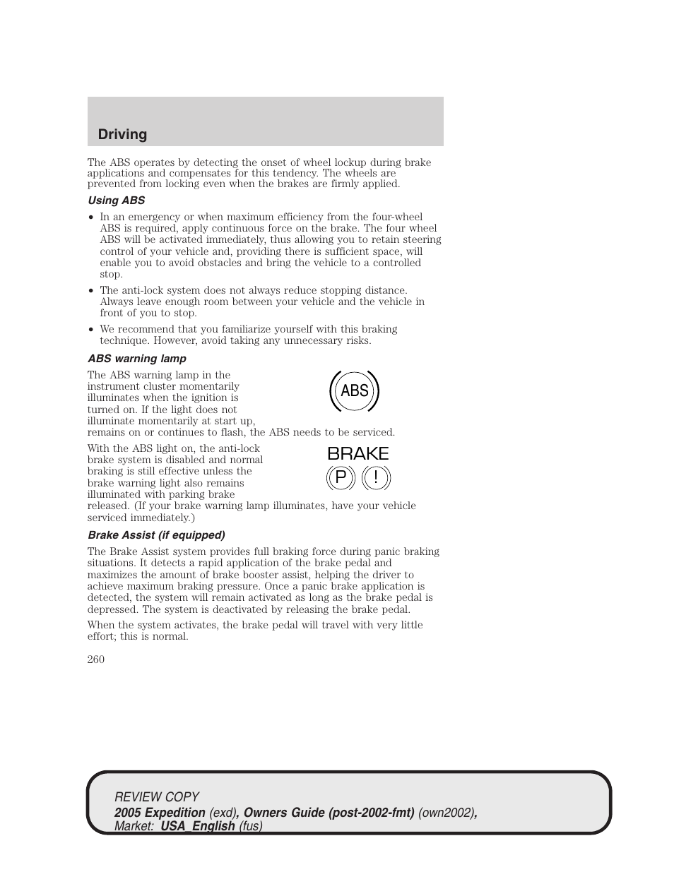 Abs p ! brake | FORD 2005 Expedition v.1 User Manual | Page 260 / 368
