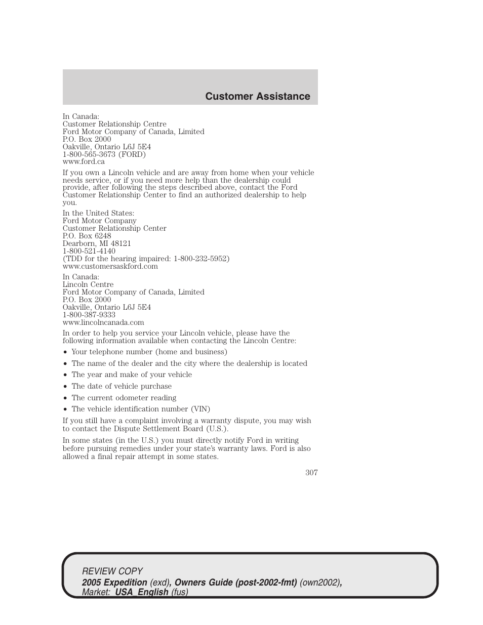 Customer assistance | FORD 2005 Expedition v.1 User Manual | Page 307 / 368