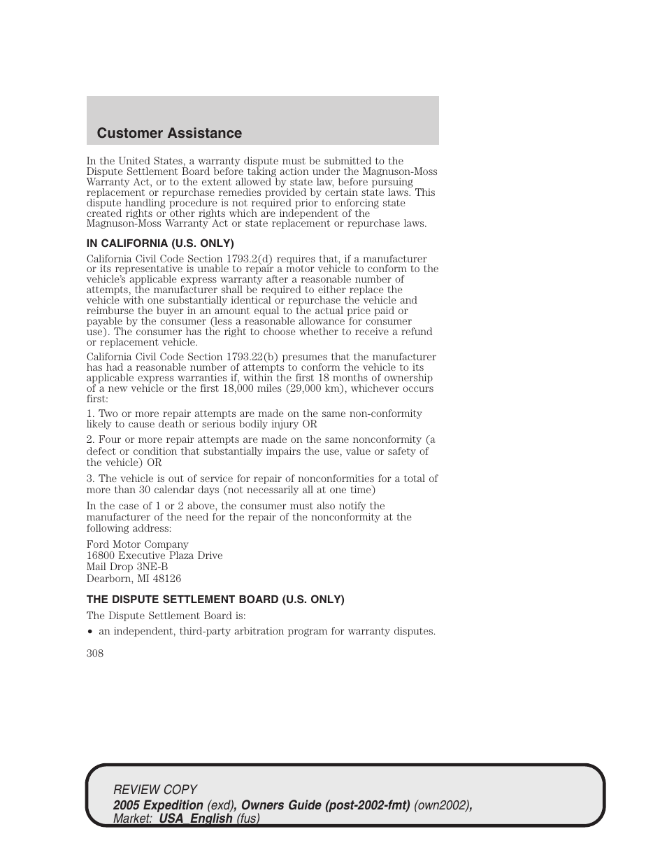 Customer assistance | FORD 2005 Expedition v.1 User Manual | Page 308 / 368