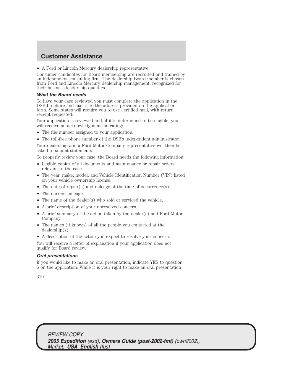 Customer assistance | FORD 2005 Expedition v.1 User Manual | Page 310 / 368