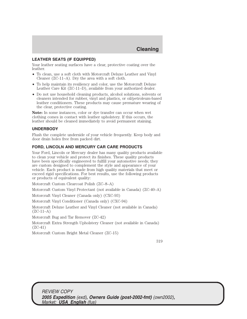 Cleaning | FORD 2005 Expedition v.1 User Manual | Page 319 / 368