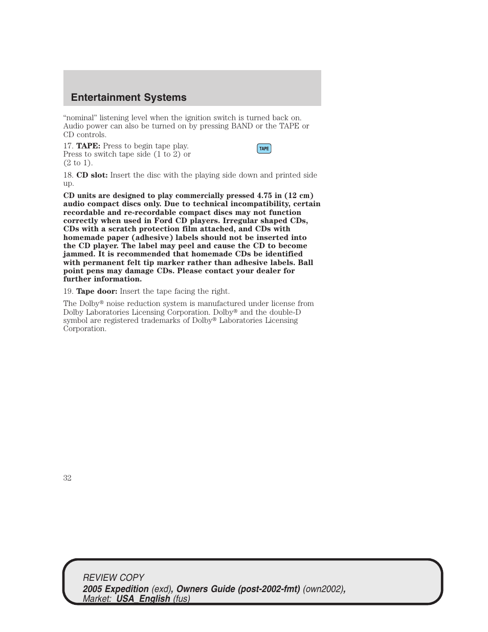 Entertainment systems | FORD 2005 Expedition v.1 User Manual | Page 32 / 368