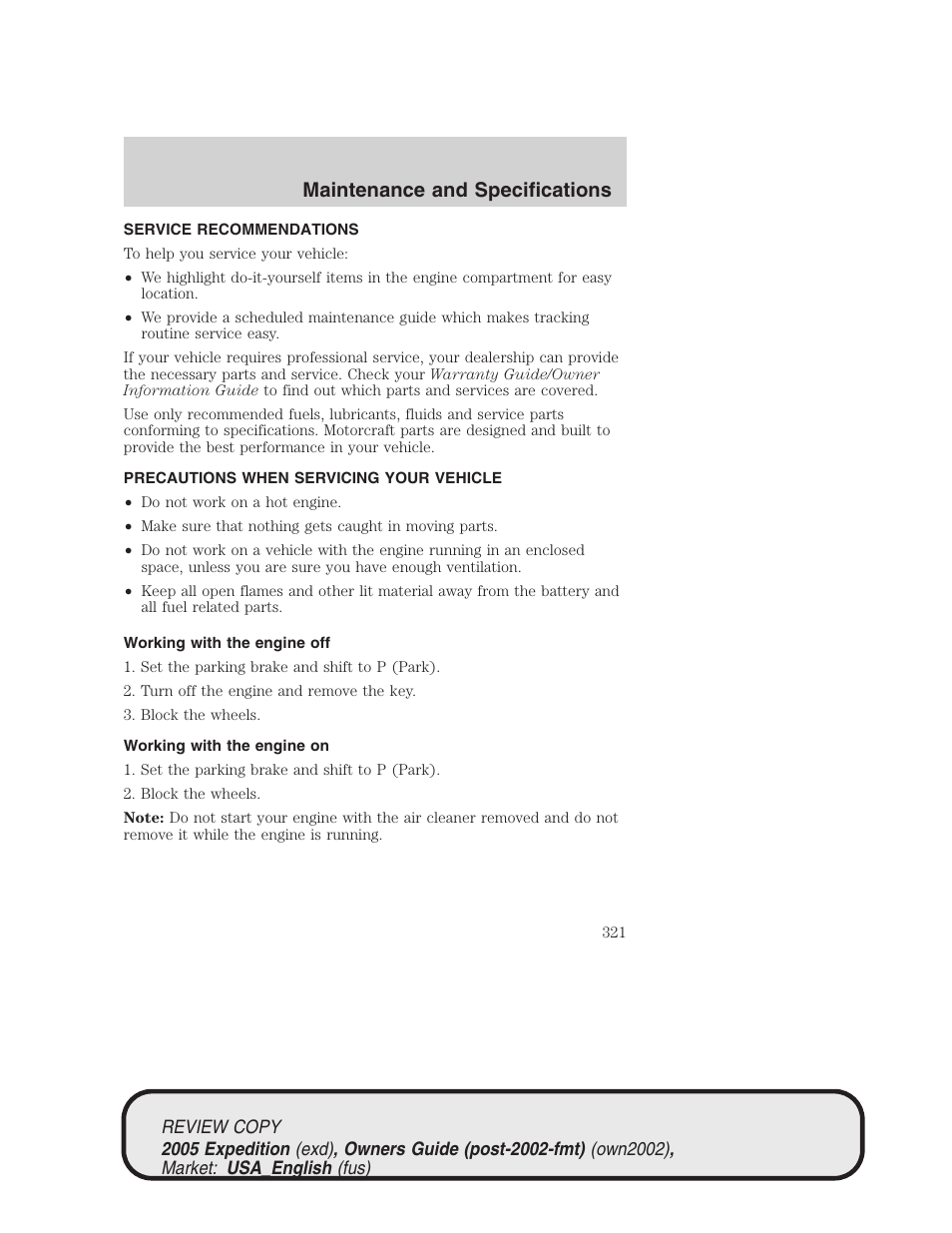 Maintenance and specifications | FORD 2005 Expedition v.1 User Manual | Page 321 / 368