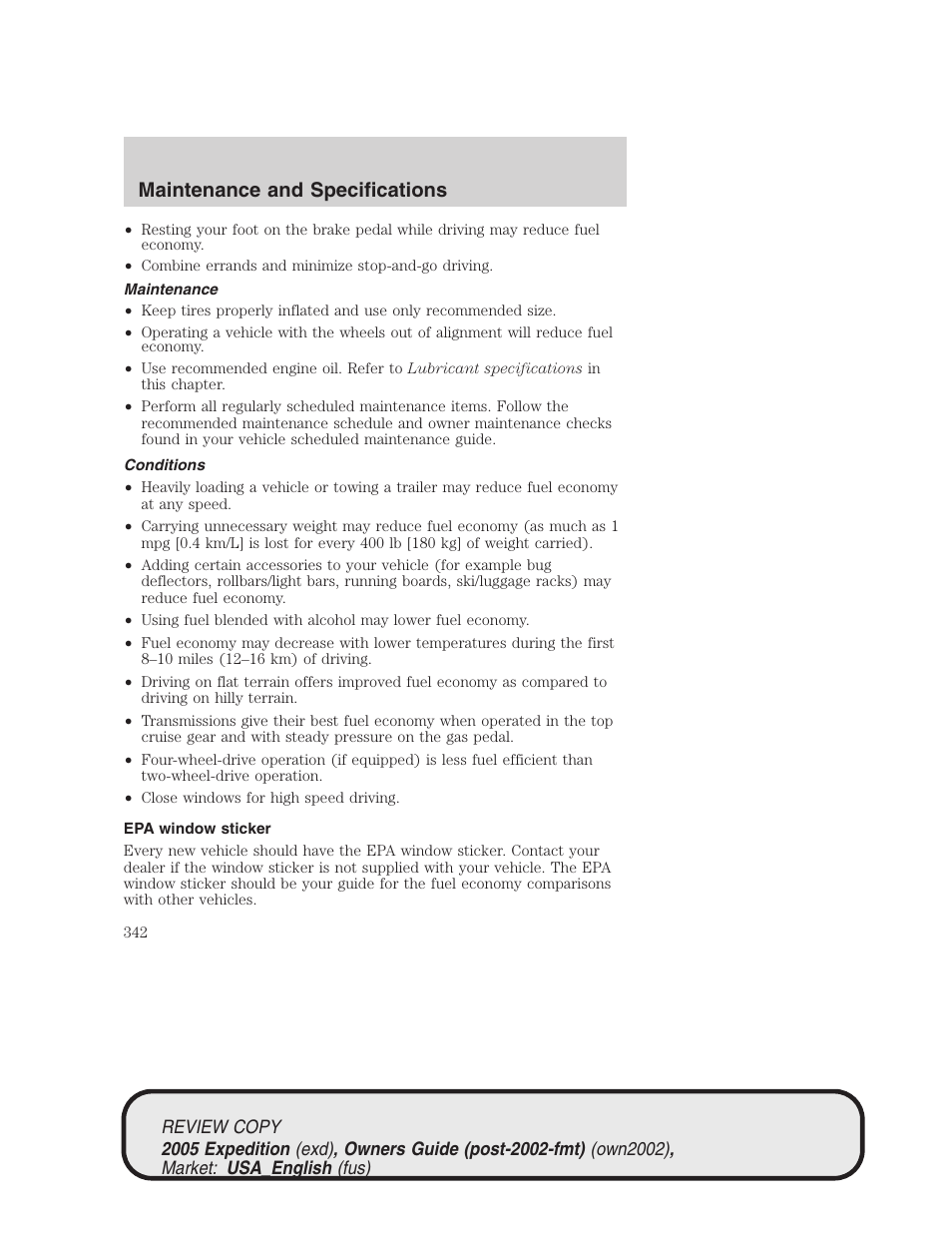 Maintenance and specifications | FORD 2005 Expedition v.1 User Manual | Page 342 / 368