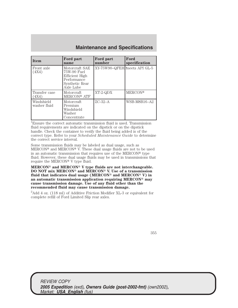 Maintenance and specifications | FORD 2005 Expedition v.1 User Manual | Page 355 / 368