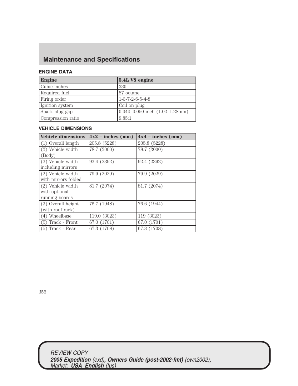 Maintenance and specifications | FORD 2005 Expedition v.1 User Manual | Page 356 / 368