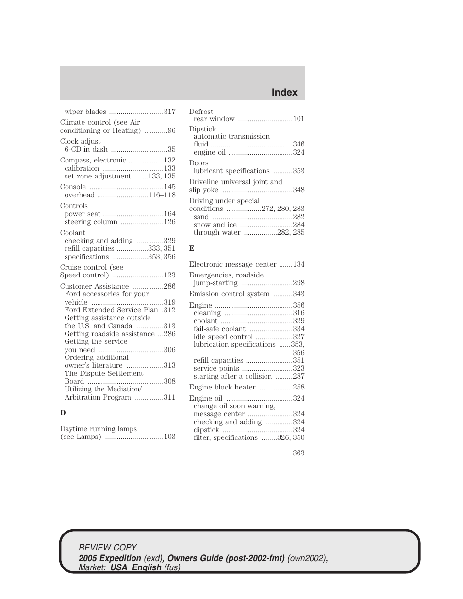 Index | FORD 2005 Expedition v.1 User Manual | Page 363 / 368